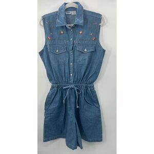 VTG 80s Embroidered Romper Denim Light Wash Jean Shorts Elastic Waist Floral M
